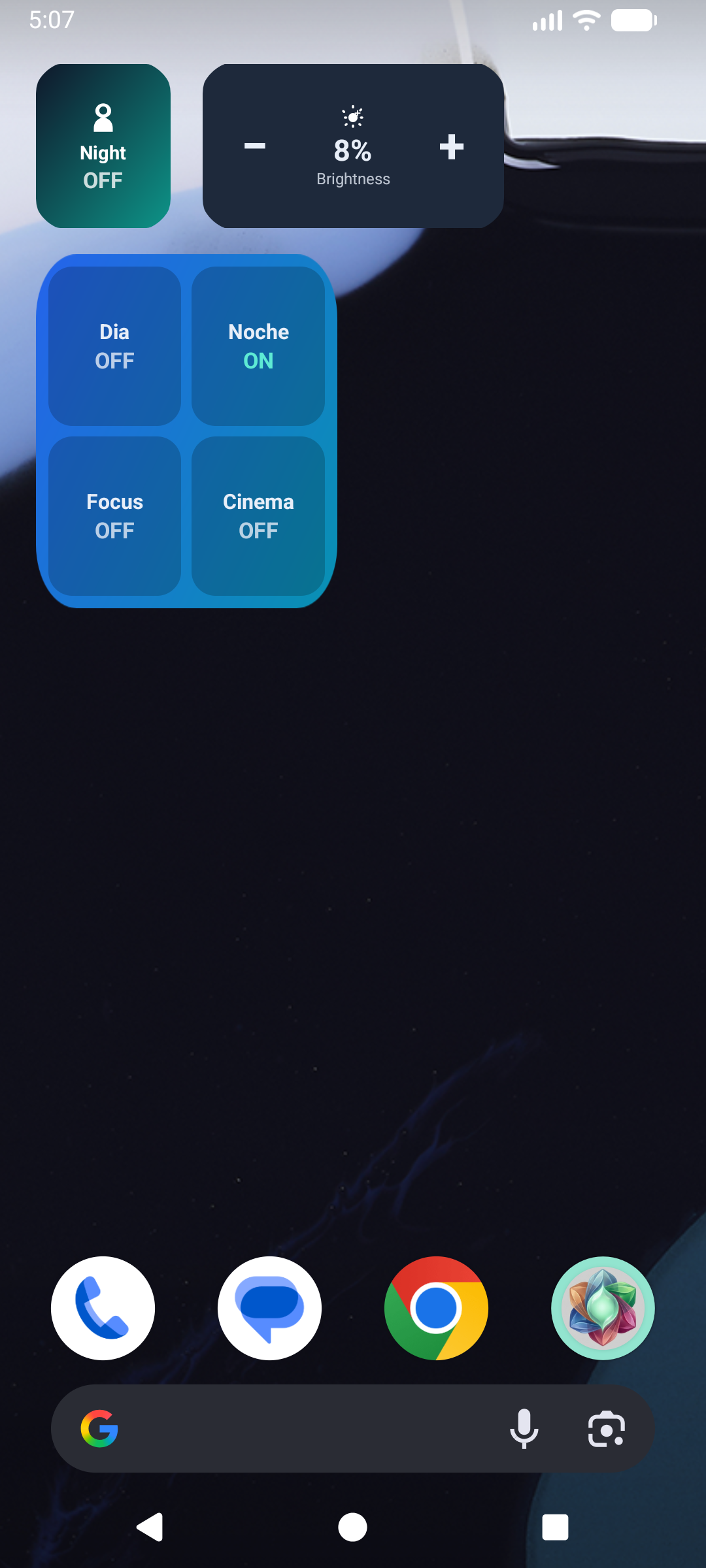 Mode grid widget on home screen